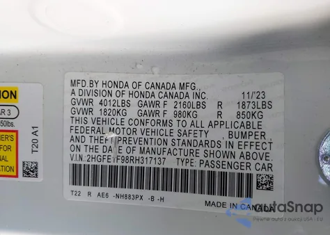 2024 Honda Civic Touring from USA, damaged, VIN 2HGFE1F98RH317137